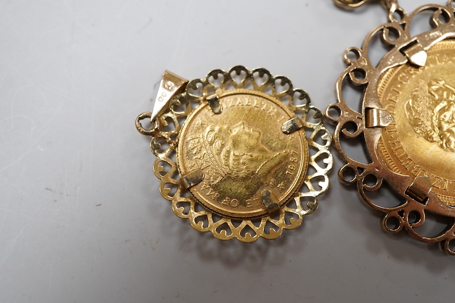Two gold coin pendants, comprising: a pendant set with a sovereign coin dated 1978, mounted in 9ct gold gold, to a chain necklace, pendant length 4cm, British hallmarks, chain length 53cm, clasp stamped 9CT, gross weight